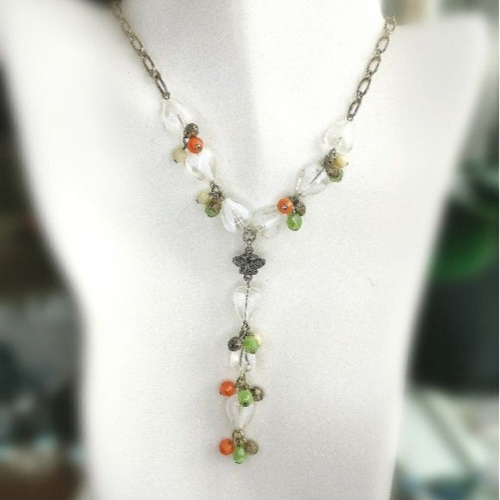 Vintage Czech artisan beaded white milk glass butterfly necklace earring set - Picture 6 of 7